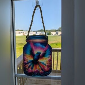 Mason Jar Flying Hummingbird Suncatcher 6.5" x 5"